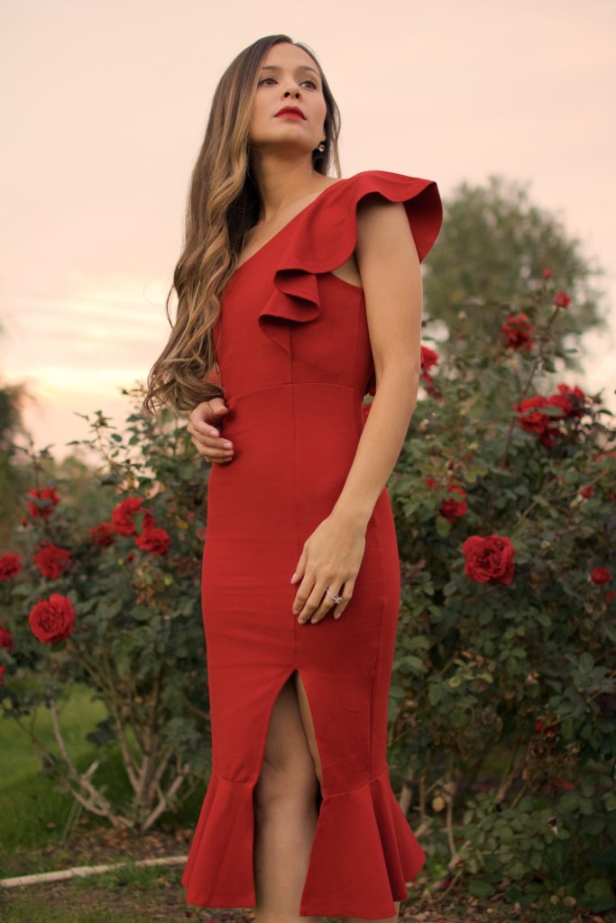 lady in red ruffle dress