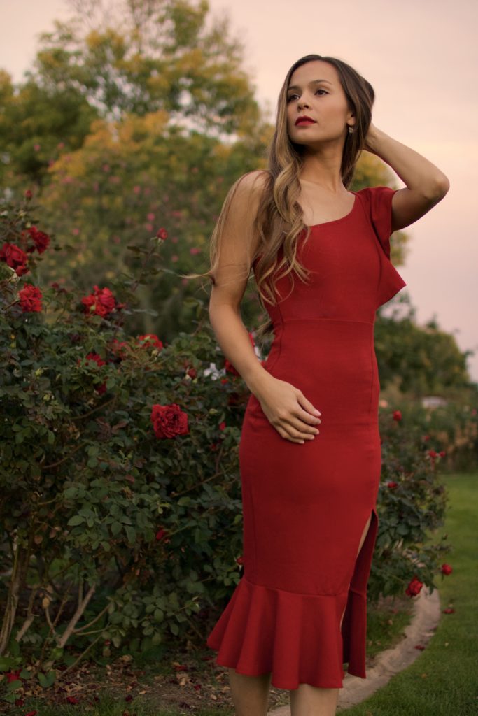 lady in red elegant ruffle dress 