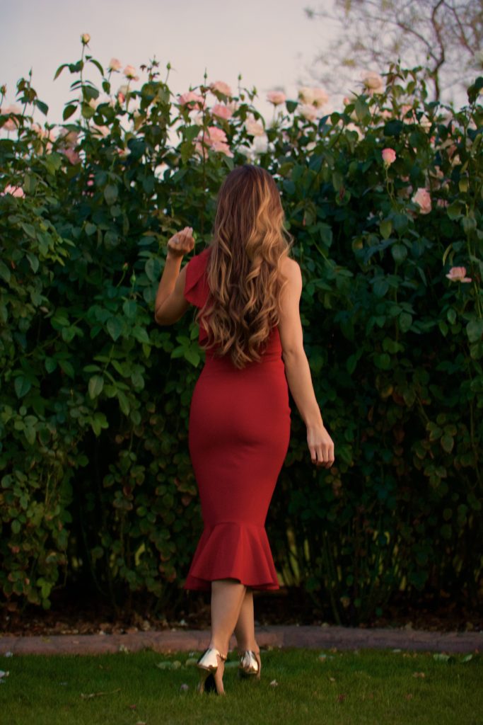lady in red rose garden